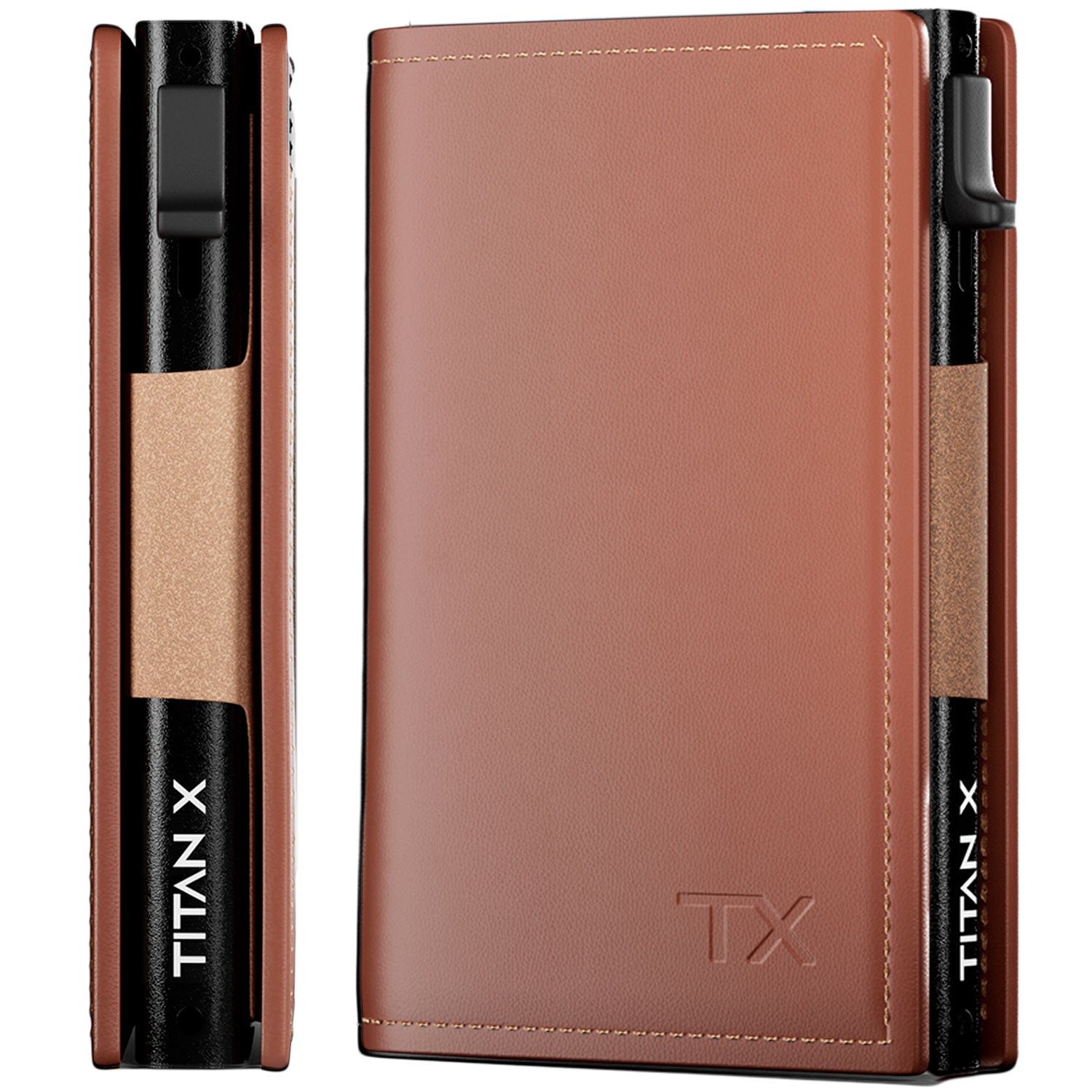 TITAN X, Trifold Edition Front and Side View, Brown Leather