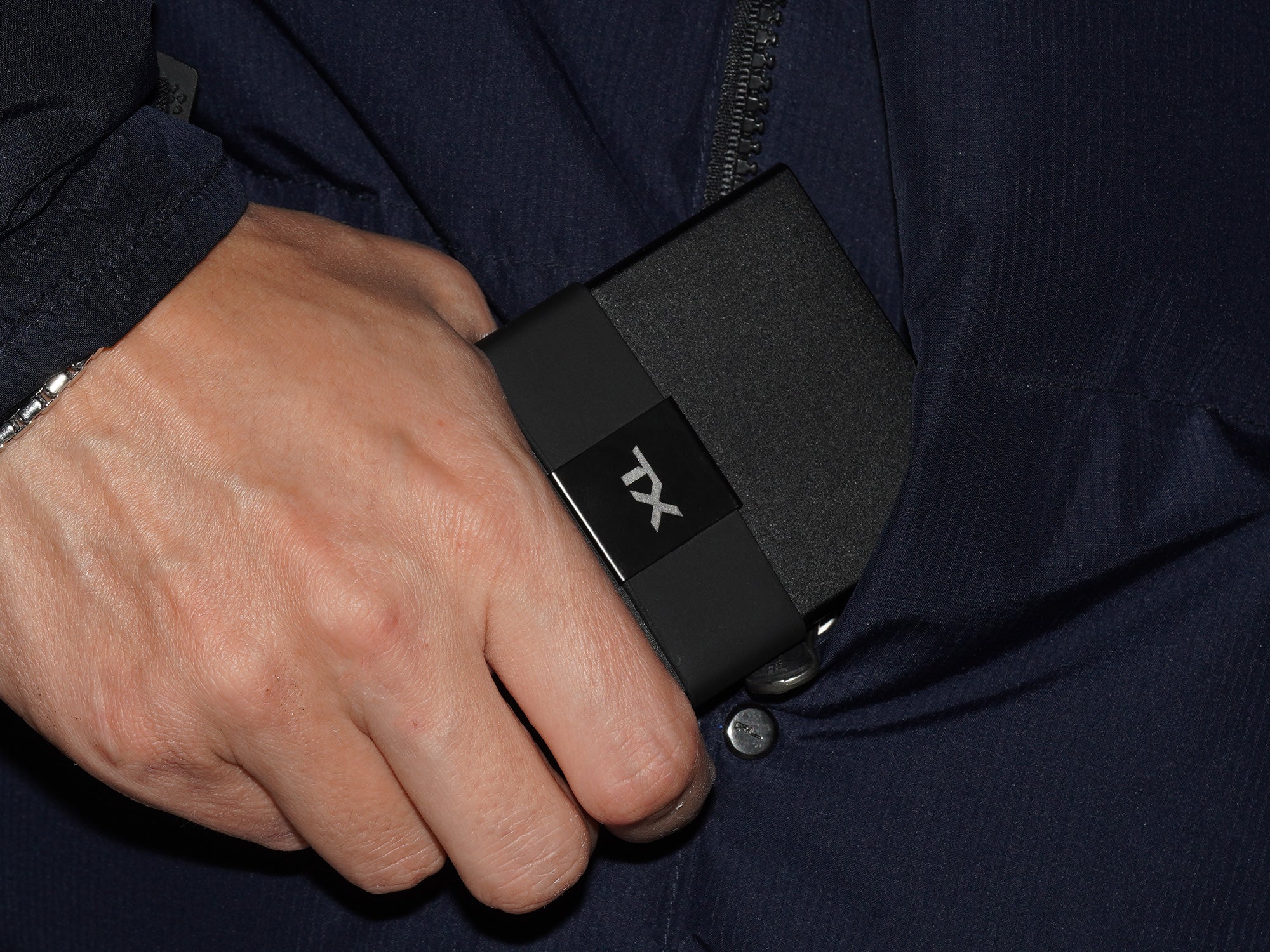 hybrid edition titan x wallet being put inside jacket pocket