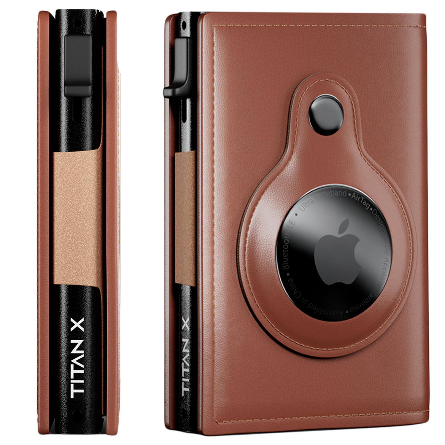 Trifold Edition With Airtag Holder TITAN X Side and Back View, Brown Leather